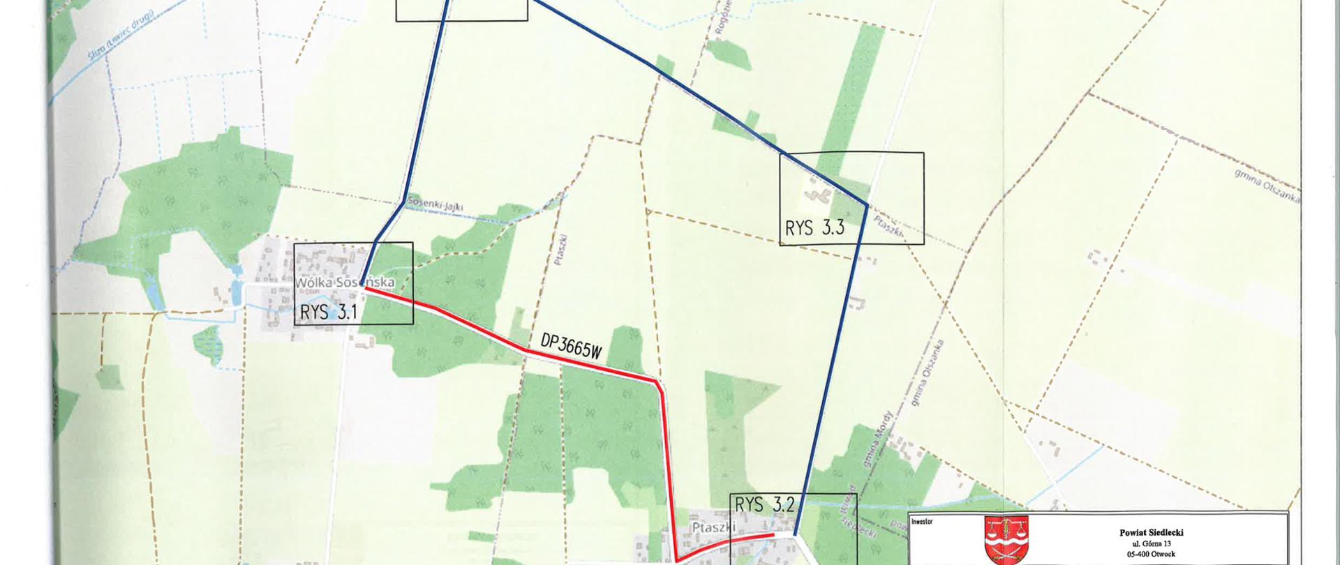 Grafika przedstawia: mapa objazdu zamkniętego odcinka drogi powiatowej nr 3665W na odcinku od m. Wólka Soseńska do m. Ptaszki, z zaznaczonym objazdem przez wsie Sosenki-Jajki i Ptaszki