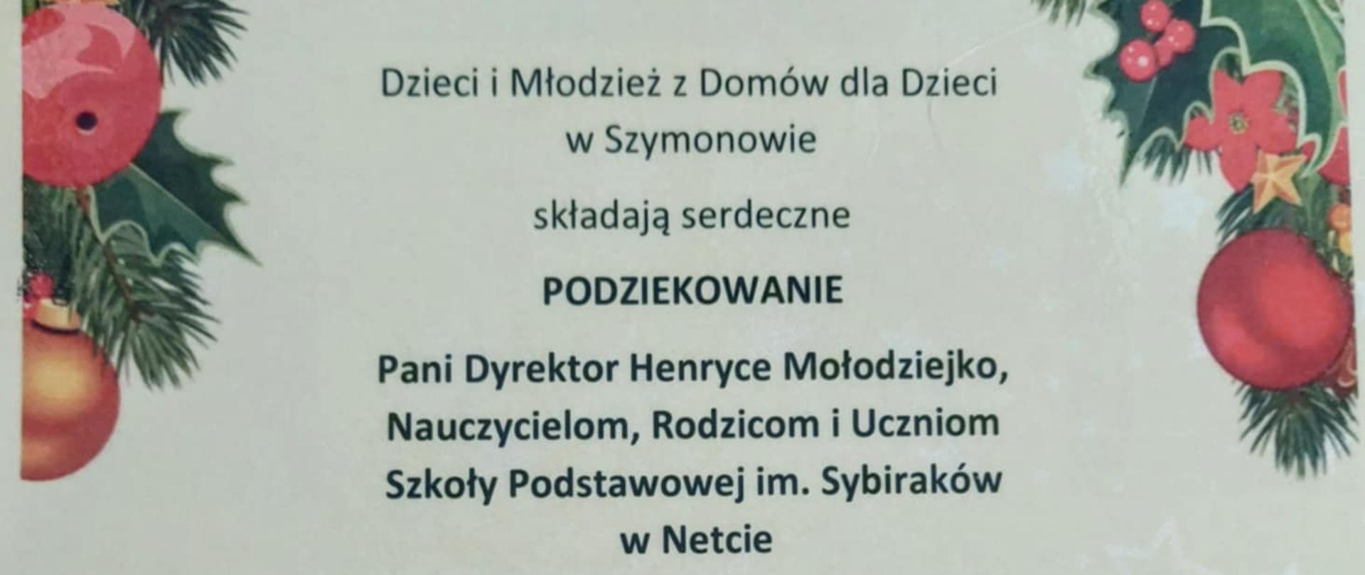 Podziękowanie od Dzieci i Młodzieży z Domu dla Dzieci w Szymonowie.