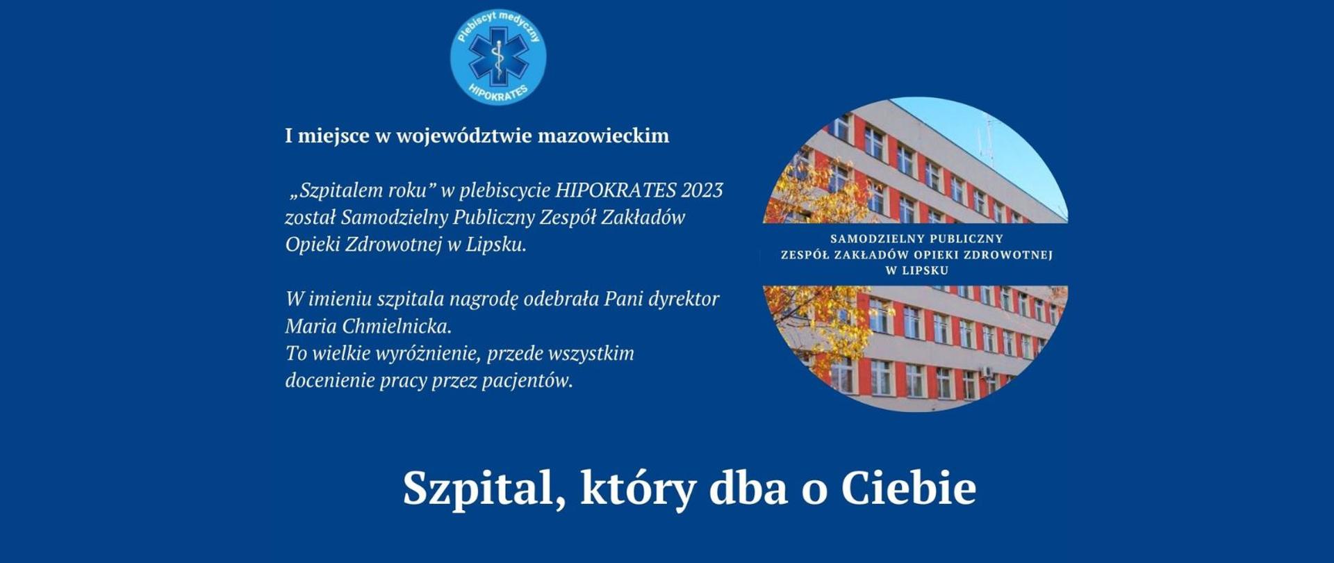 Informacja o I miejscu w plebiscycie ze zdjęciem szpitala i nazwą w okrągłej grafice po prawej stronie na granatowym tle.