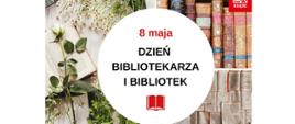 Na środku białe koło z czarnymi i czerwonymi napisami oraz grafiką czerwonej książki. W tle trzy obrazki, po lewej stronie obrazek otwartek książki z kwiatami, a po prawej stronie obrazki przedstawiające okładki i otwarte książki.