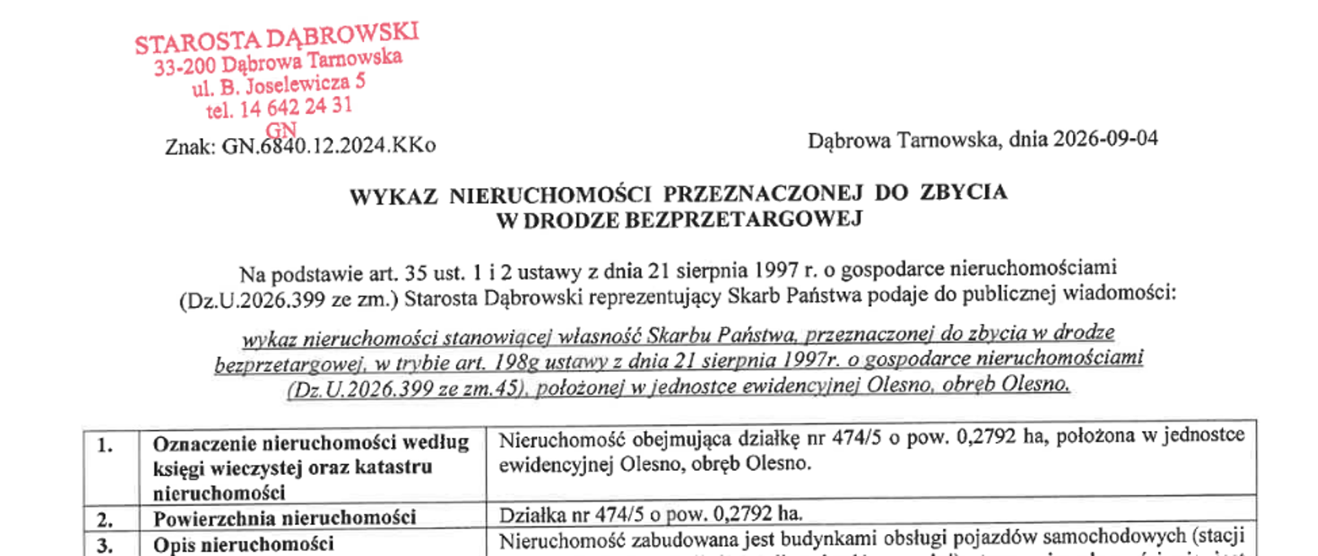 Grafika z treścią wykazu nieruchomości przeznaczonej do zbycia w drodze bezprzetargowej