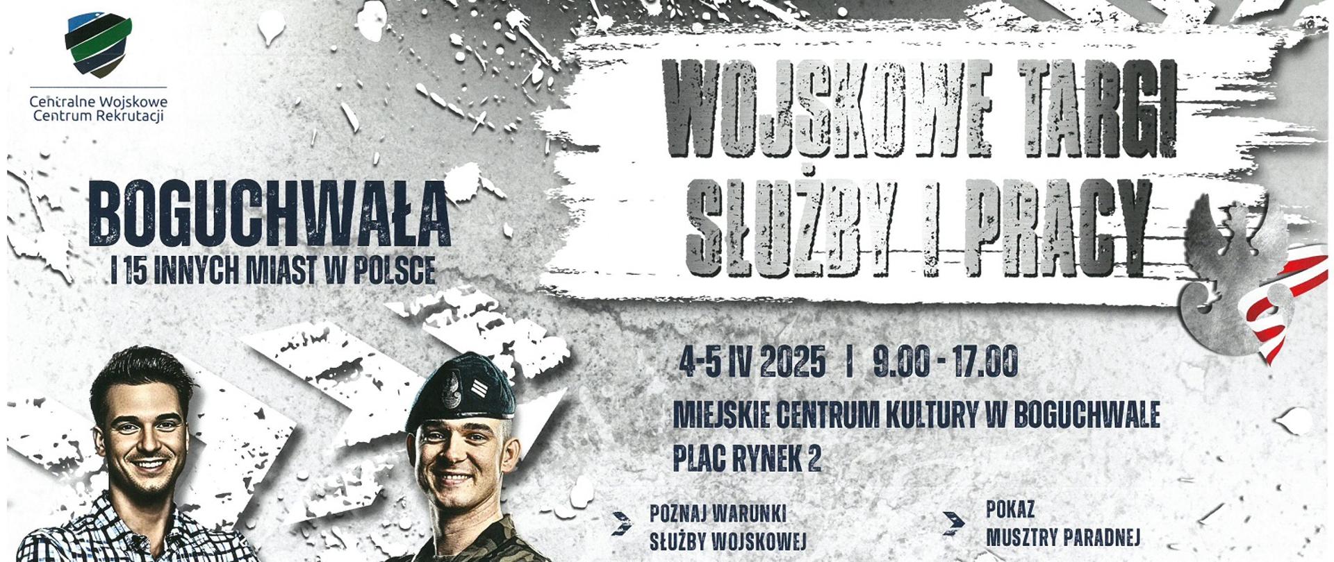 po lewej stronie dwóch mężczyzn jeden ubrany w koszule w kratę drugi w strój żołnierza, szaro białe kolory plakatu zaproszenie na wojskowe targi służby i pracy 
