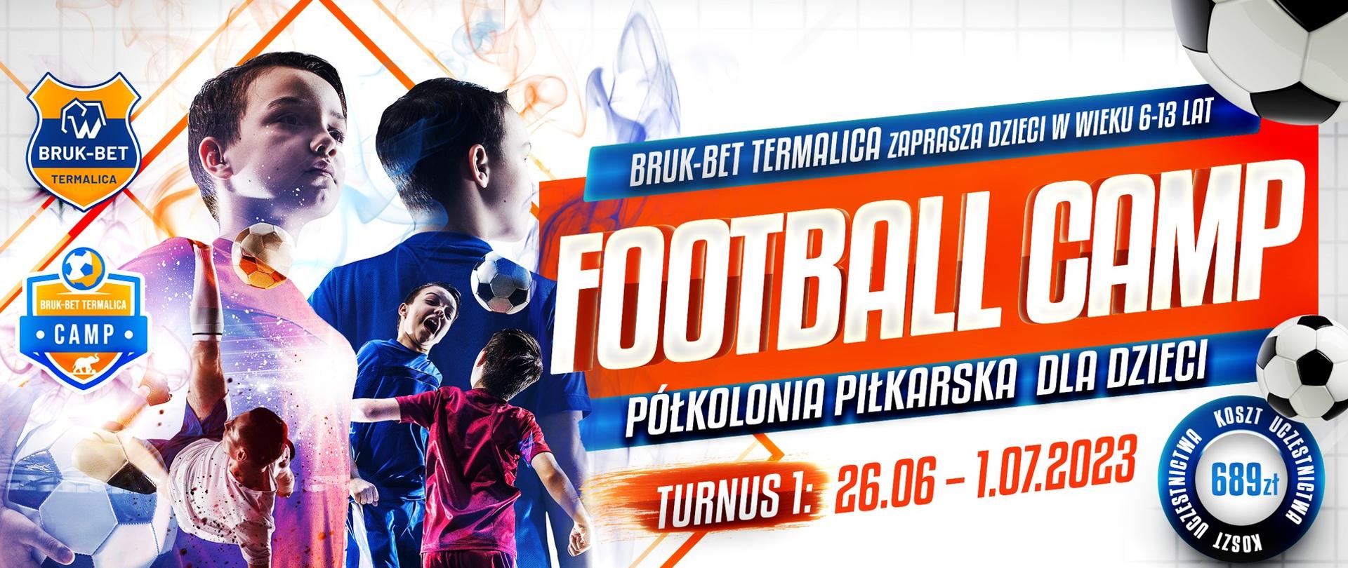 Grafika przedstawia informacje na temat zapisów na półkolonię piłkarską dla dzieci