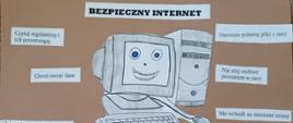 Na brązowym tle w centrum plakatu komputer, dookoła hasła dotyczące bezpieczeństwa w Internecie.