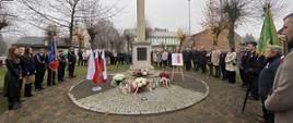Szeroki plan przedstawia uroczystość patriotyczną z okazji Narodowego Święta Niepodległości w pochmurny, jesienny dzień. Centralnie usytuowany jest pomnik-kolumna z orłem na szczycie. U podnóża pomnika, na okrągłym brukowanym placu, leżą wieńce i kwiaty w barwach narodowych, a także palą się znicze. Wokół pomnika stoi duża grupa ludzi – po lewej młodzież i osoby w mundurach, po prawej cywile i kolejni mundurowi, wszyscy w postawie uroczystej. W tle widać maszt z polską flagą oraz bezlistne drzewa i zabudowania.