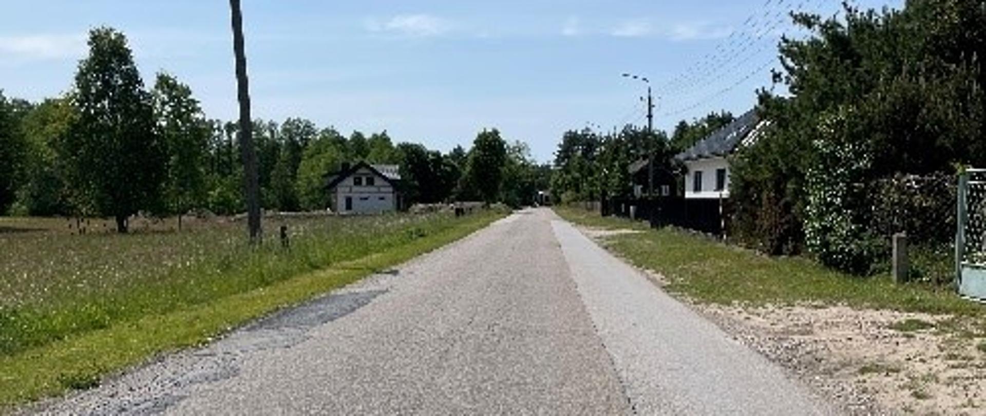 Droga powiatowa w Turzynie, po lewej i prawej stronie znajdują się domostwa.