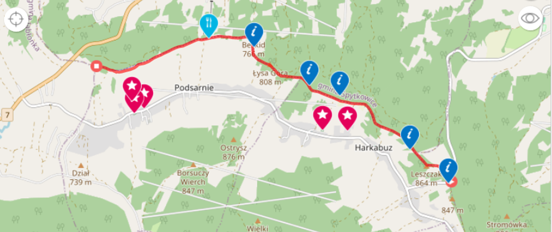 Zdjęcie przedstawiające trasę rowerowa zaczynająca się w Harkabuzie gdzie biegnie szczytami i kończy swój bieg na końcu miejscowości Podsarnie.