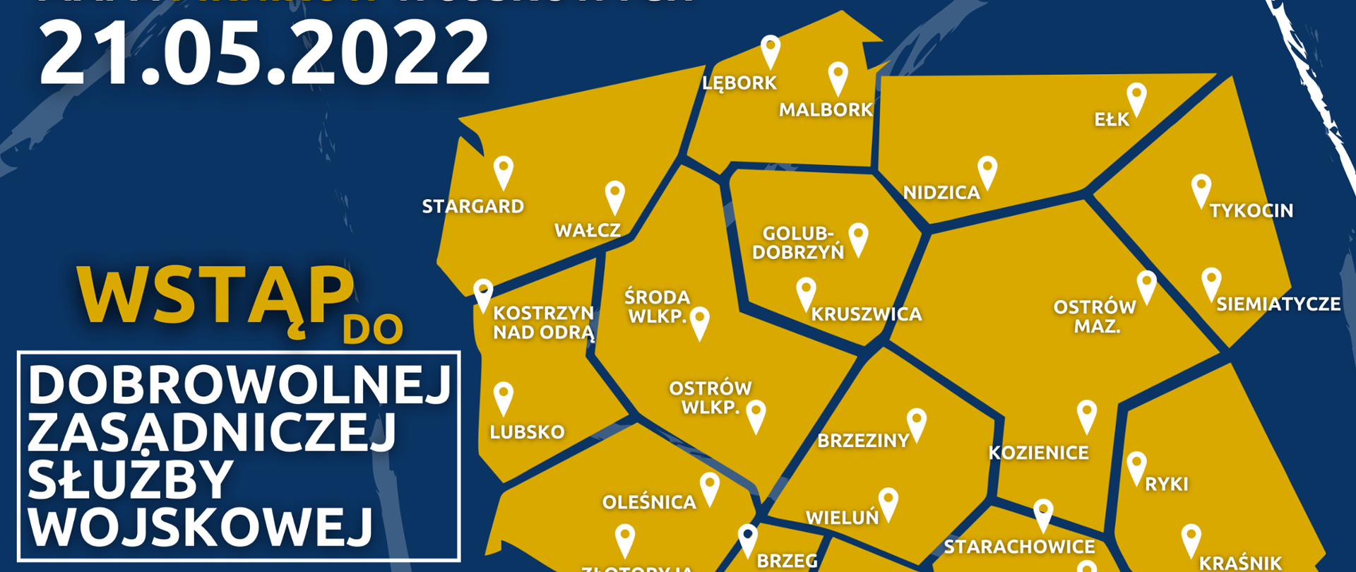 Kontur mapy Polski, na której zaznaczone są miejsca, w których odbędą się Pikniki Wojskowe dnia 21 maja tego roku