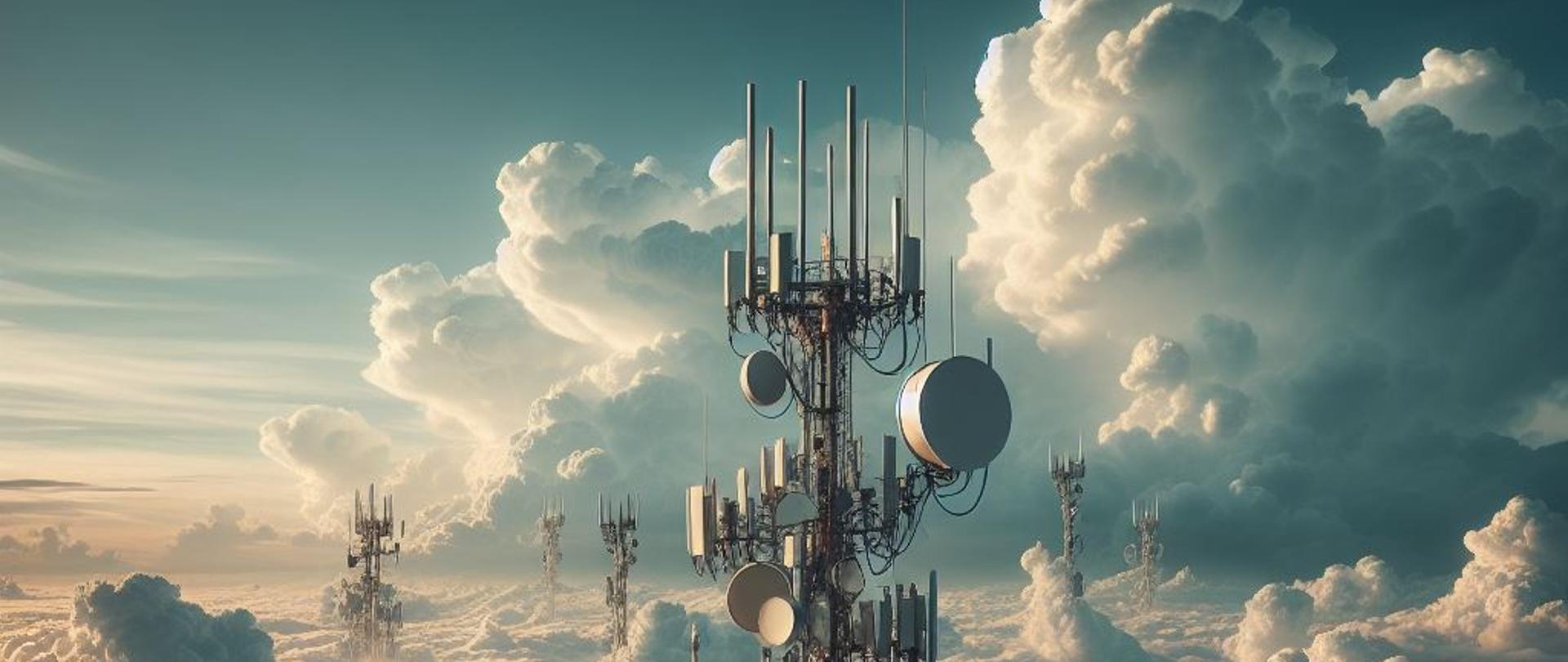Obraz przedstawia wieżę telekomunikacyjną na tle chmur i nieba. Wieża wyposażona jest w anteny, talerze satelitarne i inne urządzenia komunikacyjne. Niebo w tle jest częściowo zachmurzone, a chmury wydają się gęste i puszyste.