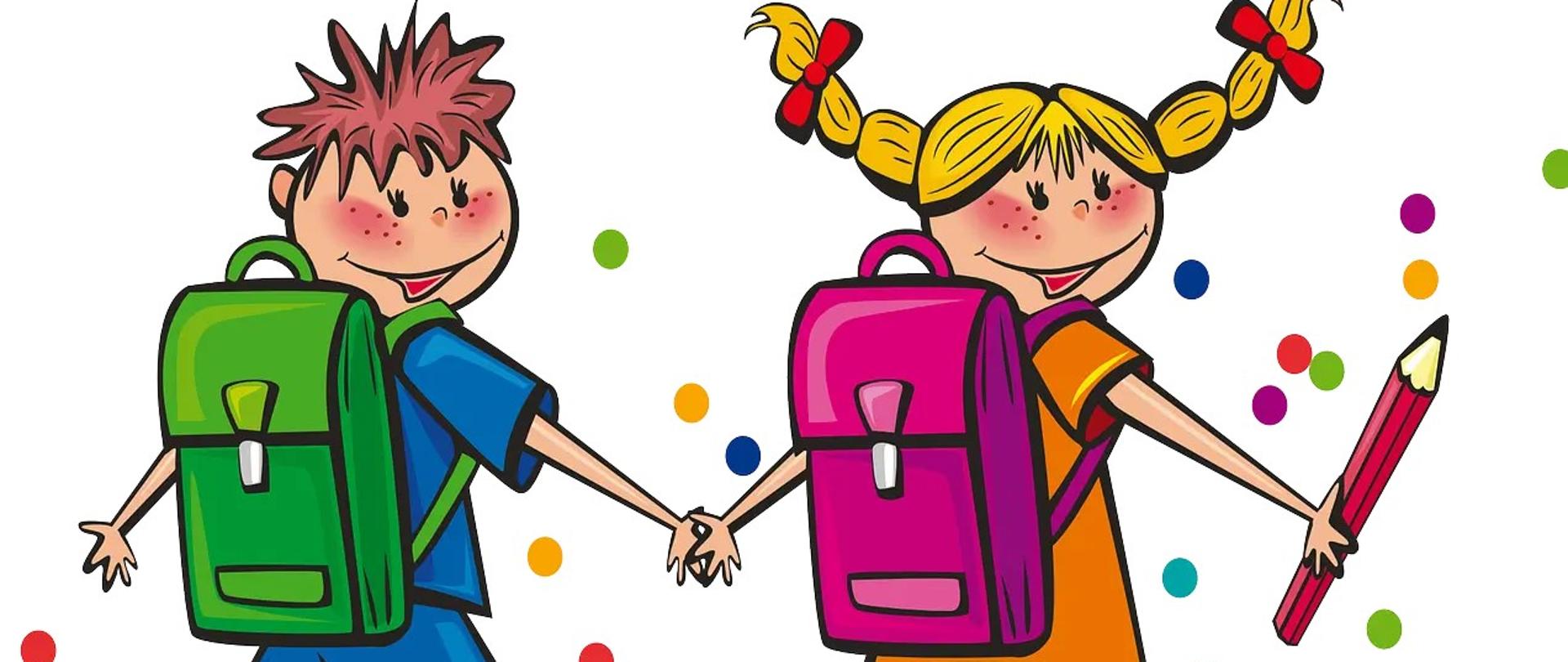 Projekt „Małopolski Program Wspierania Uczniów” w tle rysunek dzieci idących z tornistrami i trzymający się za ręce.
