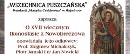 Na białym tle grafika fragmentu ikonostasu a obok napisy organizacyjne, zawarte w artykule