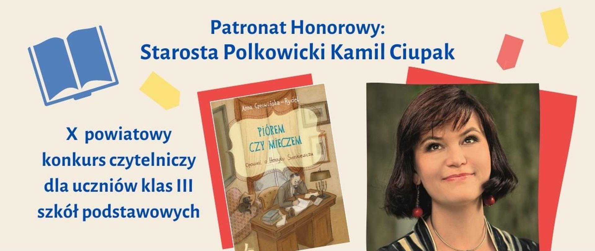 Na plakacie promującym konkurs czytelniczy jest zdjęcie książki oraz uśmiechniętej kobiety z tytułem konkursu