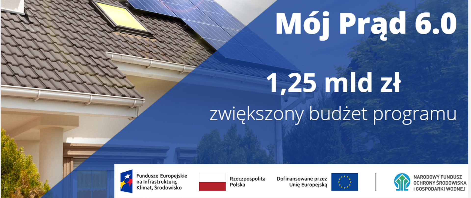 zdjęcie dachu z panelami fotowoltaicznymi białe litery mój prąd 6.0