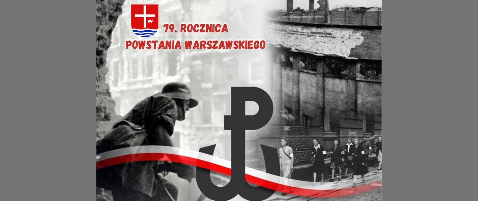 Czerwony napis 79 rocznica Powstania Warszawskiego z herbem powiatu lipskiego na grafice symbolizującej Powstanie Warszawskie z archiwalnym zdjęciem, kotwicą oraz barwami narodowymi.