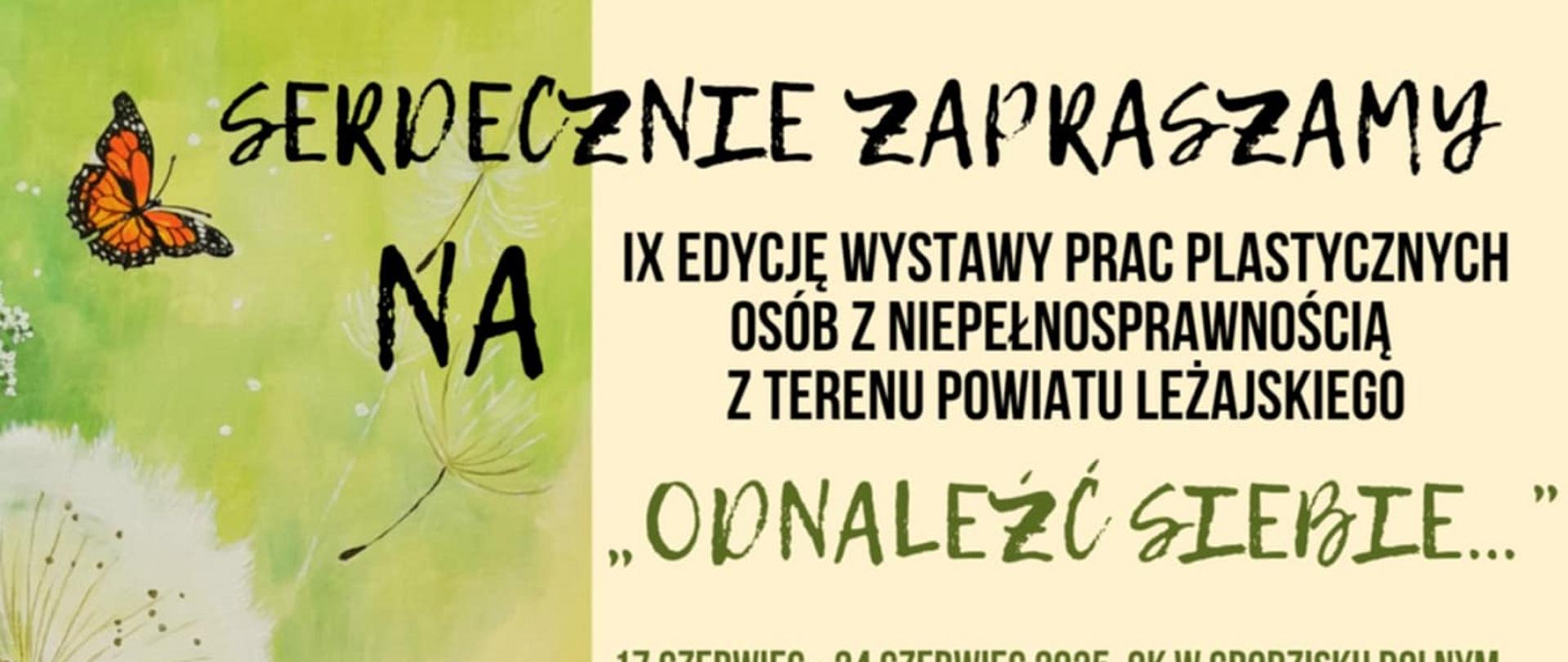 plakat z lewej strony biało żółte kwiatki z motylkami po prawej stronie na jasnym tle zaproszenie na wystawę prac plastycznych 