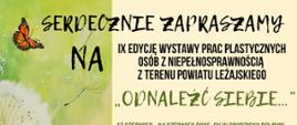 jasne tło z lewej strony pomarańczowy motyl z prawej strony czarne litery zaproszenie na wystawę prac plastycznych 