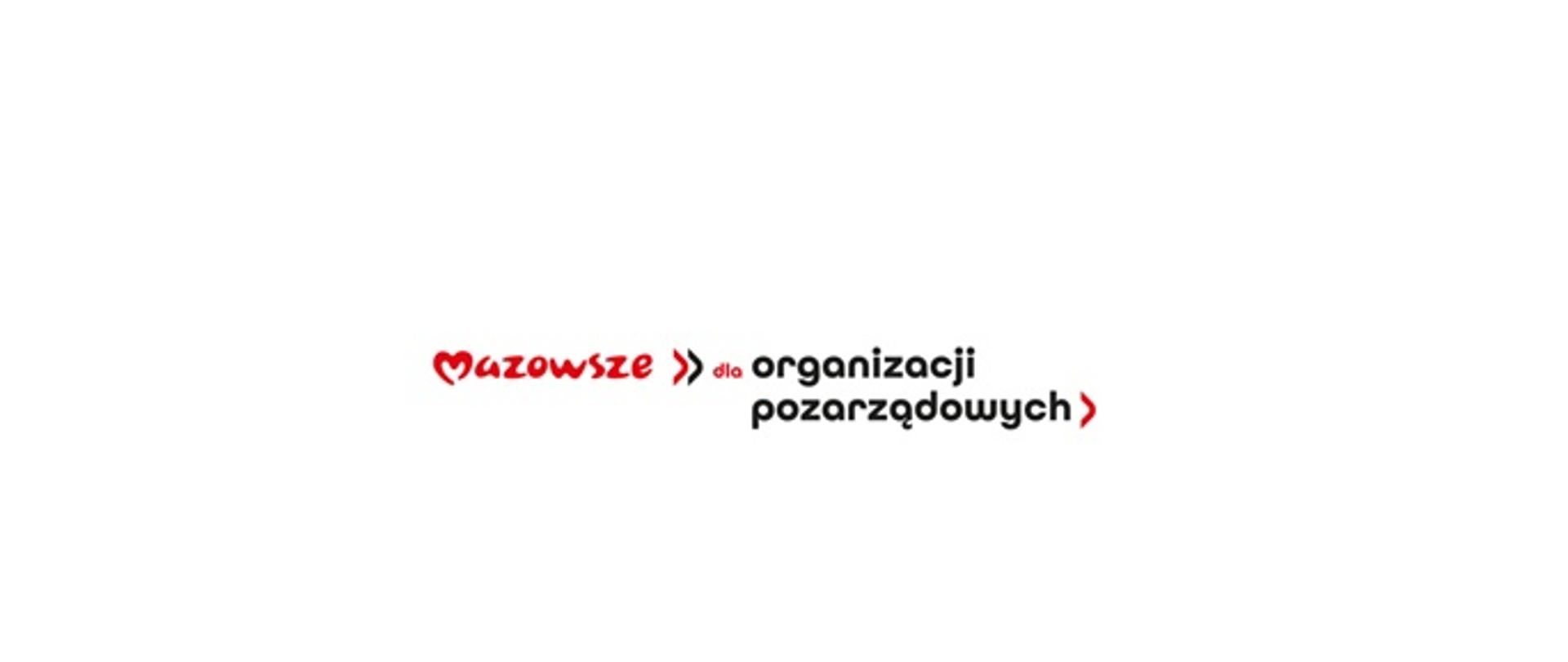 Logo przedstawia napis Mazowsze zapisany czerwonymi literami i sercem zamiast litery M oraz dopisek dla organizacji pozarządowych w kolorze czarnym