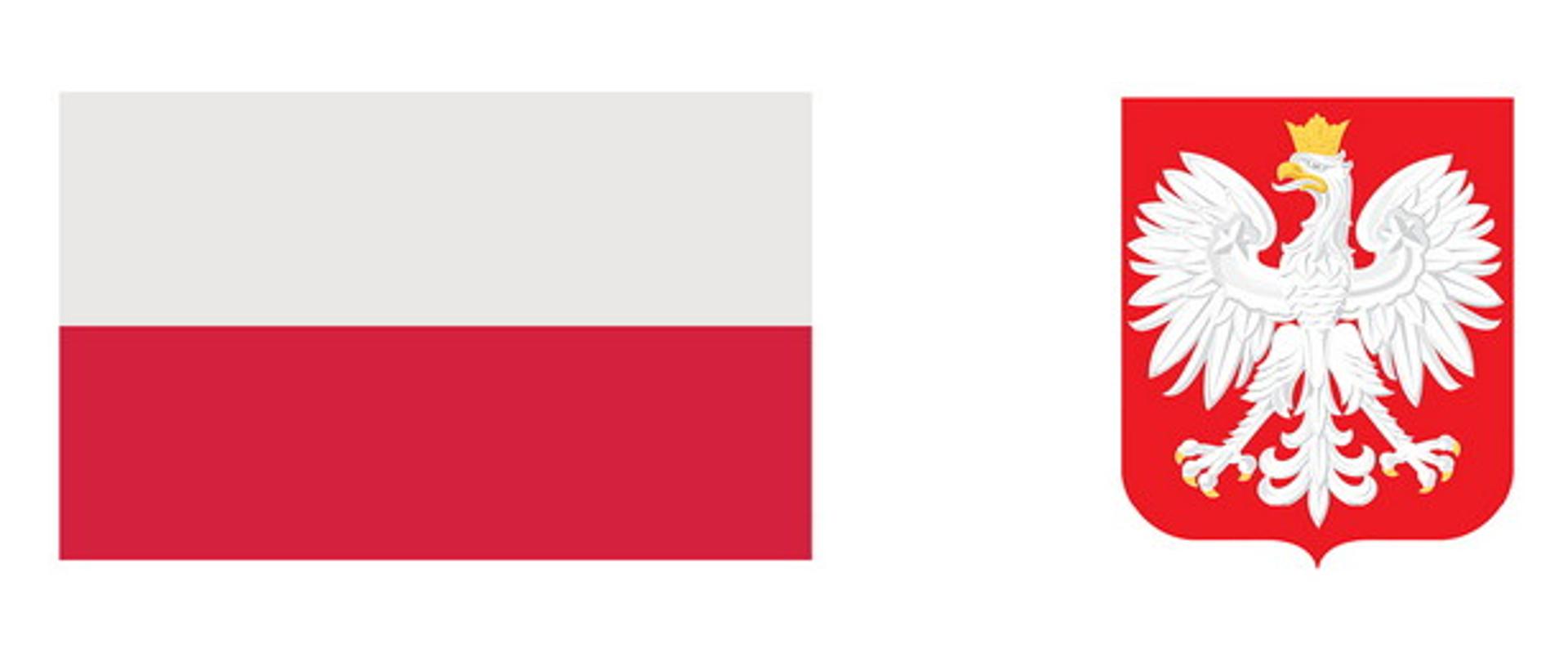 biało czerwona flaga obok godło Polski biały orzeł ze złota koroną na czerwonym tle