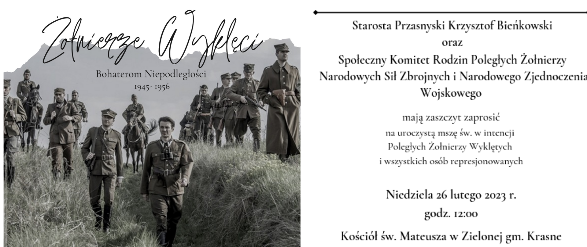 Zaproszenie na uroczystą mszę św. w intencji poległych Żołnierzy Wyklętych i wszystkich osób represjonowanych 