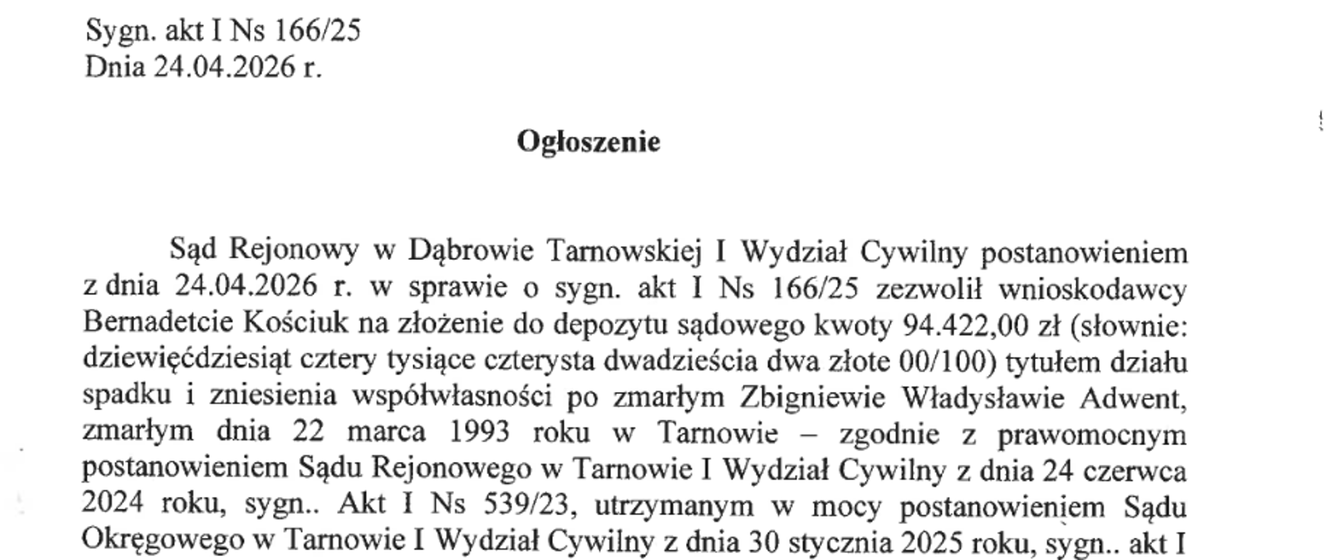 Grafika z treścią ogłoszenia