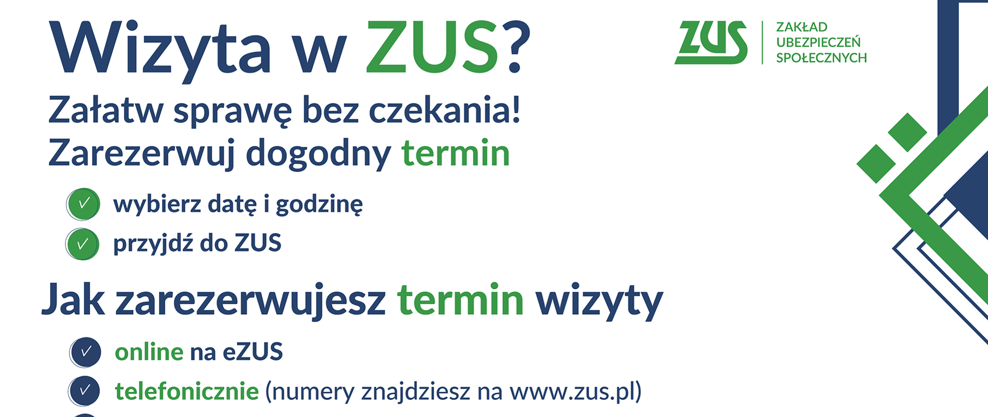 Grafika informująca o wizytach w ZUS i rezerwacji terminu wizyty