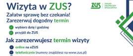 Grafika informująca o wizytach w ZUS i rezerwacji terminu wizyty
