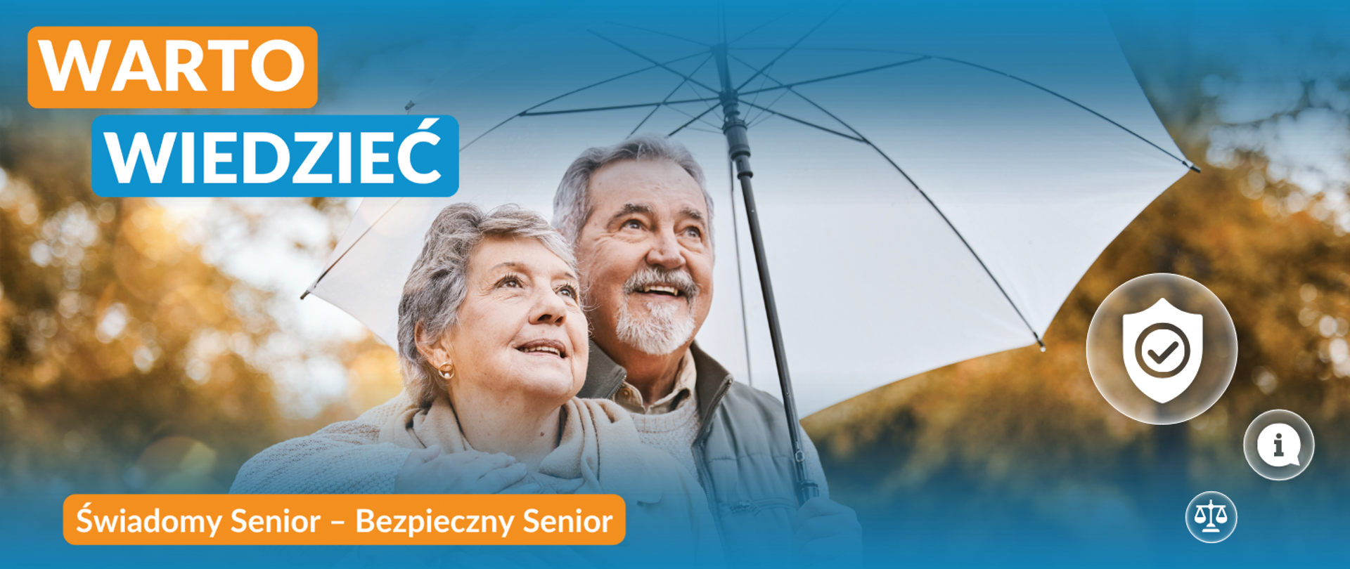 Grafika promująca wydarzenie z napisem: Warto wiedzieć. Świadomy Senior-Bezpieczny Senior.