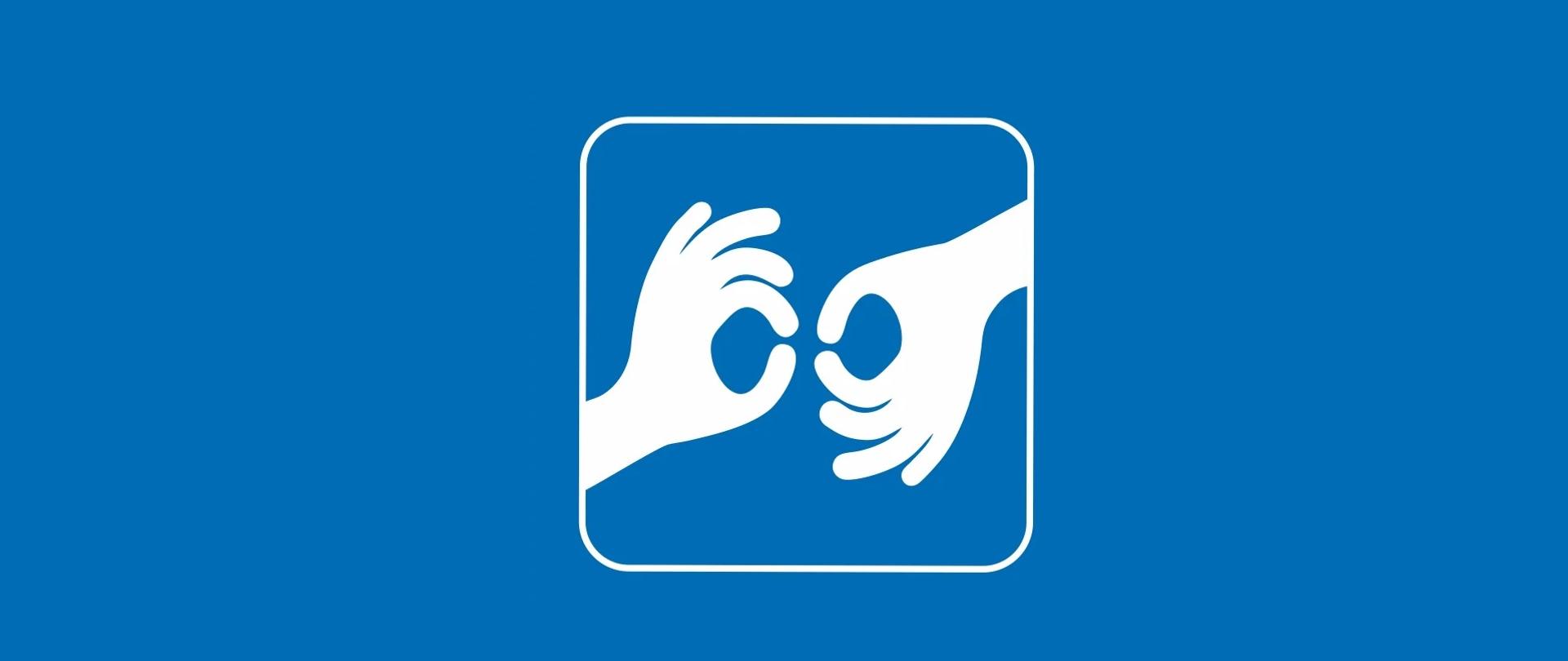 Dwie ręce w geście rozmowy w języku migowym na niebieskim tle