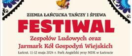 jasne tło czerwono czarne litery - zaproszenie na festiwal zespołów ludowych 