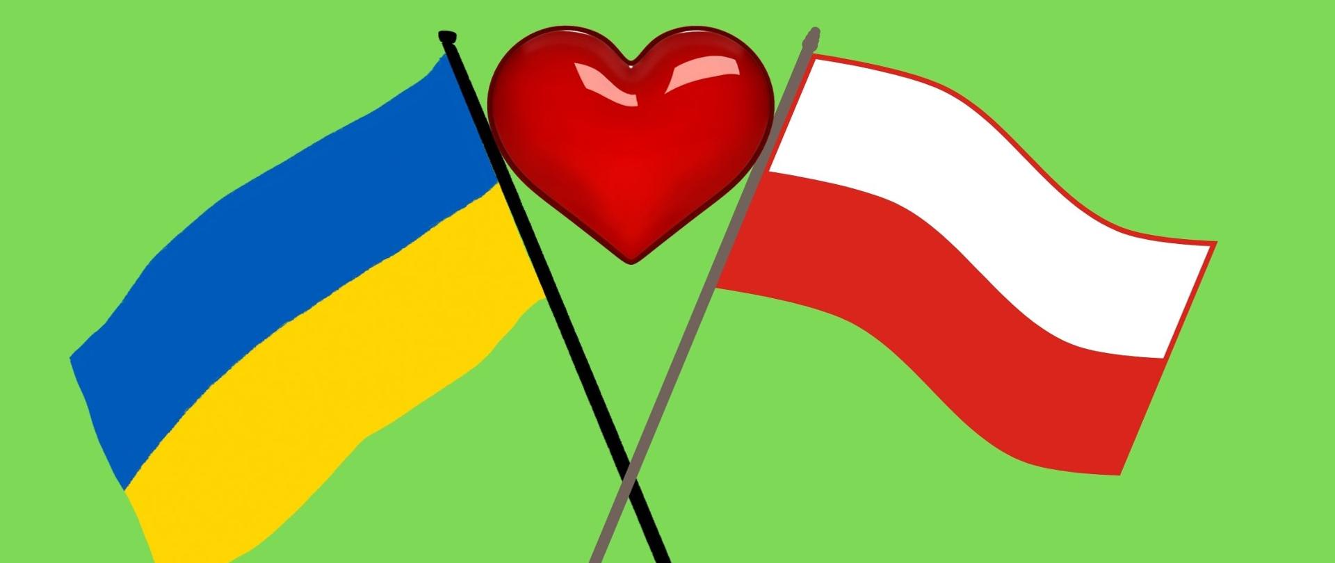 Grafika przedstawia na zielonym tle flagę Polski i Ukrainy. Pomiędzy nimi widnieje serce. 