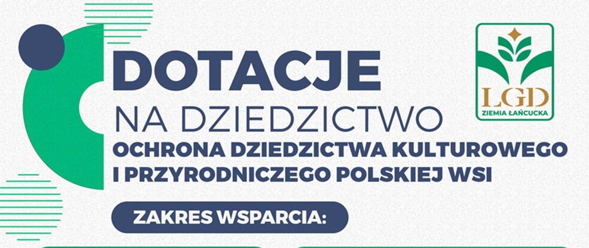plakat w kolorach biło zielonych granatowe litery dotacje na dziedzictwo 