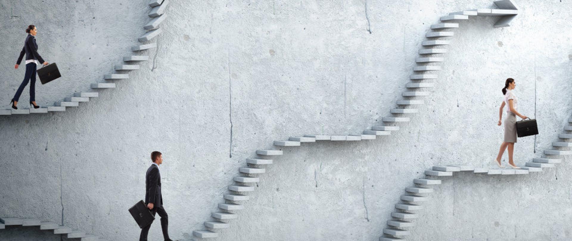 Young businesspeople reaching up staircase as symbol of growth and progress. Mixed media