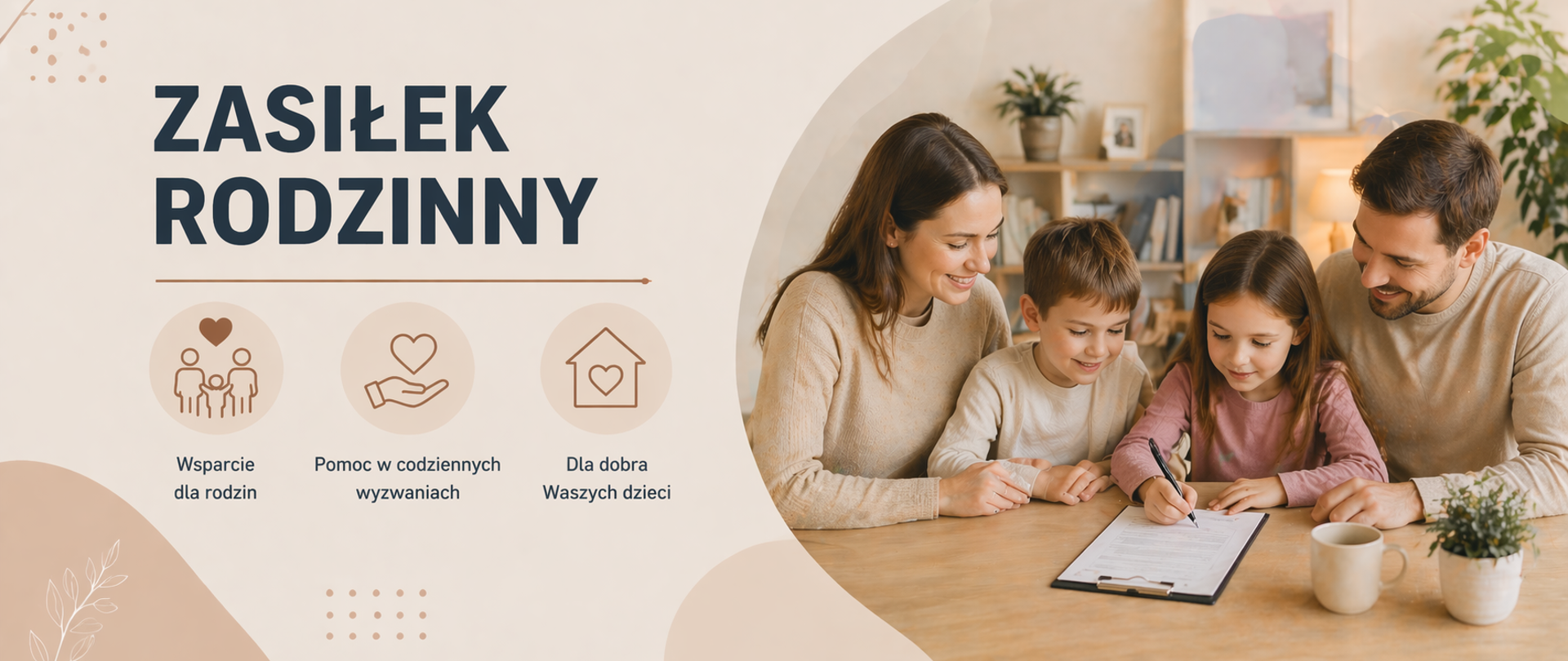 Panoramiczna grafika informacyjna utrzymana w jasnej, ciepłej kolorystyce (odcienie beżu, piaskowe i delikatne brązy), bez dominujących zielonych akcentów. Po lewej stronie znajduje się wyraźny nagłówek „ZASIŁEK RODZINNY” oraz minimalistyczne ikony symbolizujące wsparcie dla rodzin, pomoc w codziennych wyzwaniach oraz troskę o dobro dzieci.
Po prawej stronie widoczna jest ilustracja przedstawiająca rodzinę – rodziców i dzieci – wspólnie spędzających czas przy stole, np. podczas wypełniania dokumentów. Scena podkreśla atmosferę bliskości, współpracy i zaangażowania w sprawy rodzinne.
Całość ma nowoczesny, przejrzysty i przyjazny charakter, dobrze dopasowany do formatu panoramicznego, co sprawia, że grafika jest czytelna i estetyczna na stronie internetowej oraz w mediach społecznościowych.
