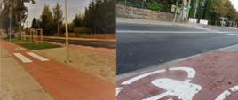 Kolaż zdjęć - efekt rozbudowy: nowy chodnik wraz ze ścieżką rowerową oraz nowa nawierzchnia jezdni