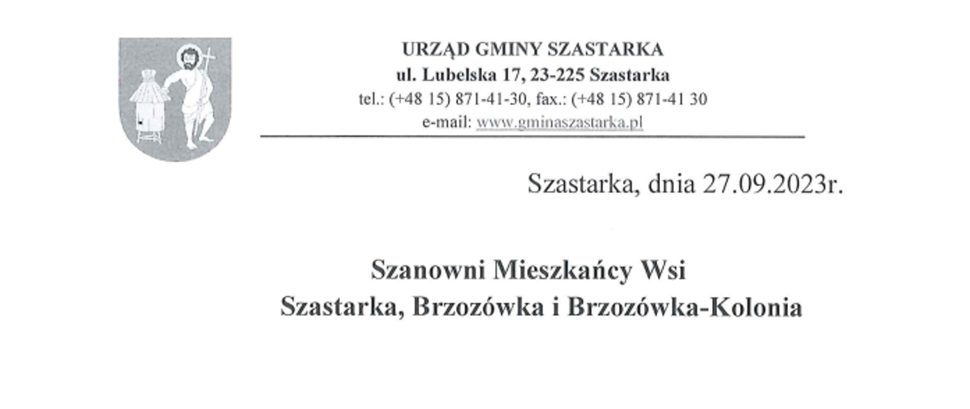Komunikat dla mieszkańców korzystających z wodociągu w Szastarce (mieszkańcy Szastarki, Brzozówki i Brzozówki-Kolonii)