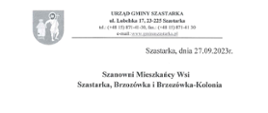 Komunikat dla mieszkańców korzystających z wodociągu w Szastarce (mieszkańcy Szastarki, Brzozówki i Brzozówki-Kolonii)