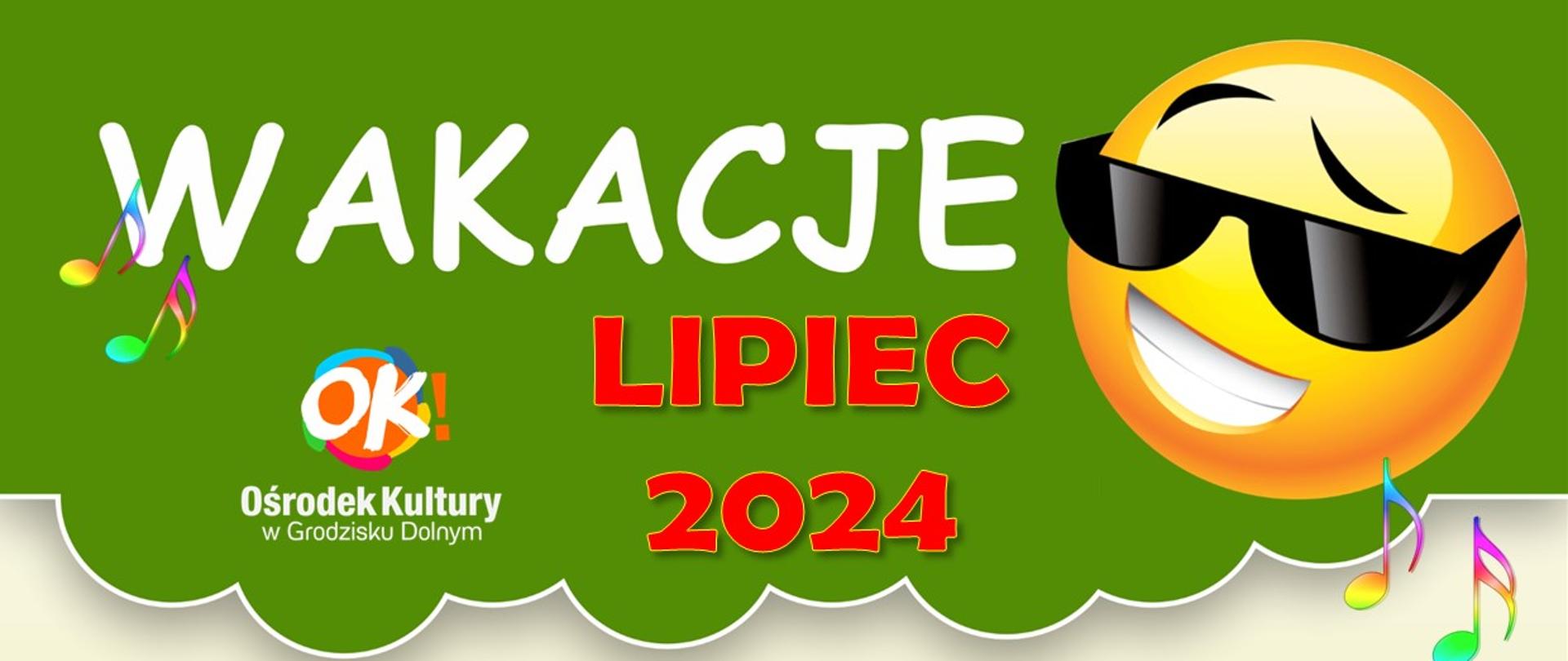 kolorowy plakat na górze uśmiechnięta buźka w czarnych okularach
czerwone i czarne litery opisują zajęcia jakie będą odbywać się w ośrodku kultury przez cały lipiec , 