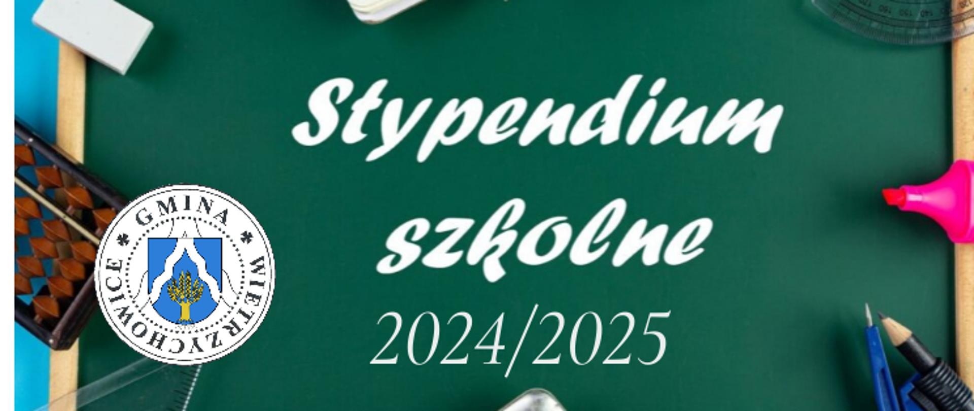 Grafika przedstawia zielone tło, na którym znajduje się biały napis Stypendium szkolne 2024/2025. Z lewej strony widnieje stempel z herbem i napisem Gmina Wietrzychowice.