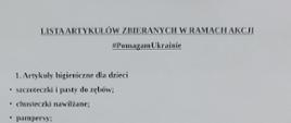 Lista artykułów zbieranych w ramach akcji #PomagamUkrainie