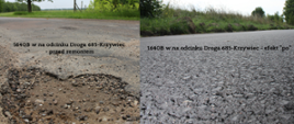 Kolaż zdjęć prezentujący drogi powiatowe: efekt przed i po remoncie