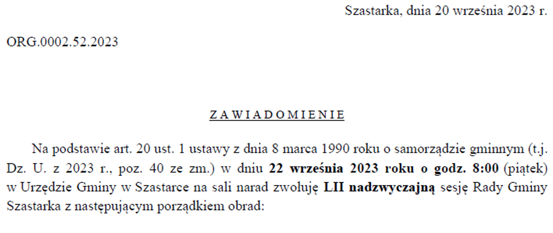 Zawiadomienie o LII nadzwyczajnej sesji Rady Gminy Szastarka