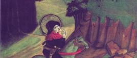 Św. Eustachy na łowach", Mistrz Chórów, 1467 r., autor nieznany.
Fragment ołtarza Trójcy Świętej w kaplicy Św. Krzyża katedry wawelskiej.
Źródło: Wikimedia Commons
