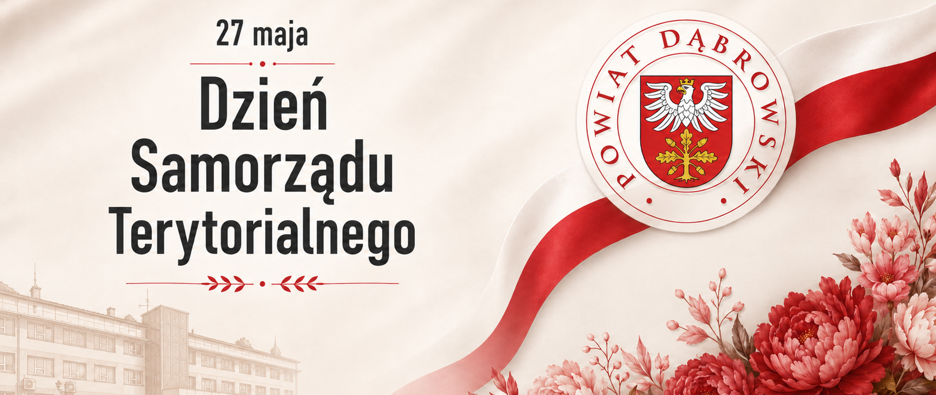 Grafika z herbem powiatu i napisem 27 maja Dzień Samorządu Terytorialnego