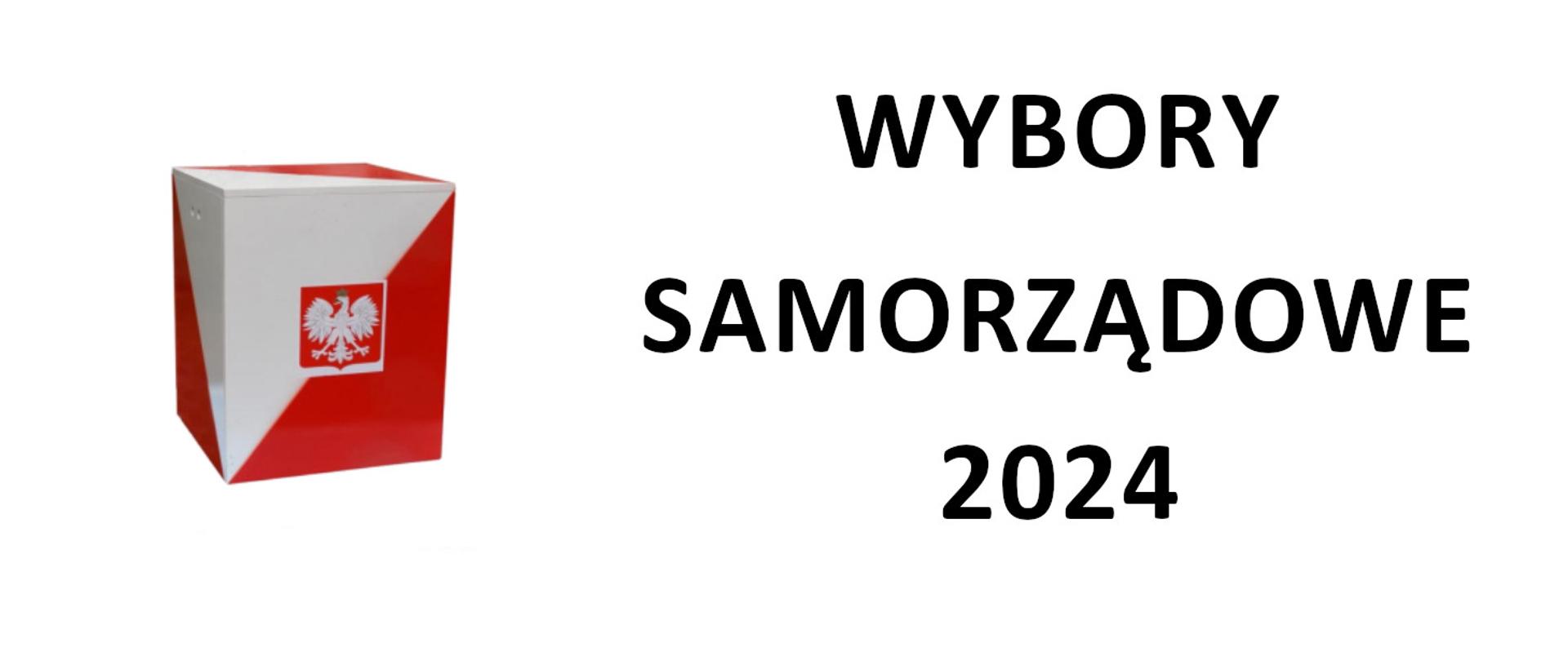 Z lewej strony urna wyborcza, z prawej strony napis Wybory samorządowe 2024