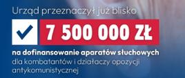 grafika przedstawiająca aparat słuchowy, na banerze znajduje się napis "Urząd przeznaczył już blisko 7 500 000 zł na dofinansowanie aparatów słuchowych dla kombatantów i działaczy opozycji antykomunistycznej
To o ponad 60% więcej niż w całym zeszłym roku!