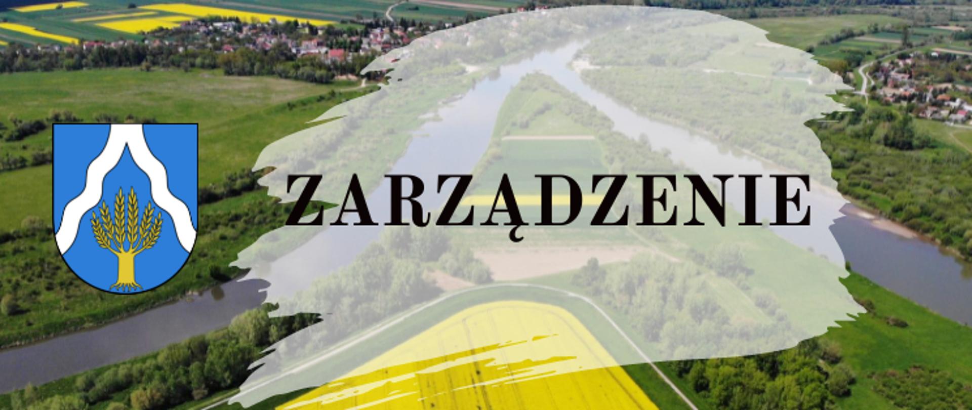 LOGO- napis ZARZĄDZENIE na tle zdjęcia Cyplu, po lewej stronie napisu herb Gminy Wietrzychowice