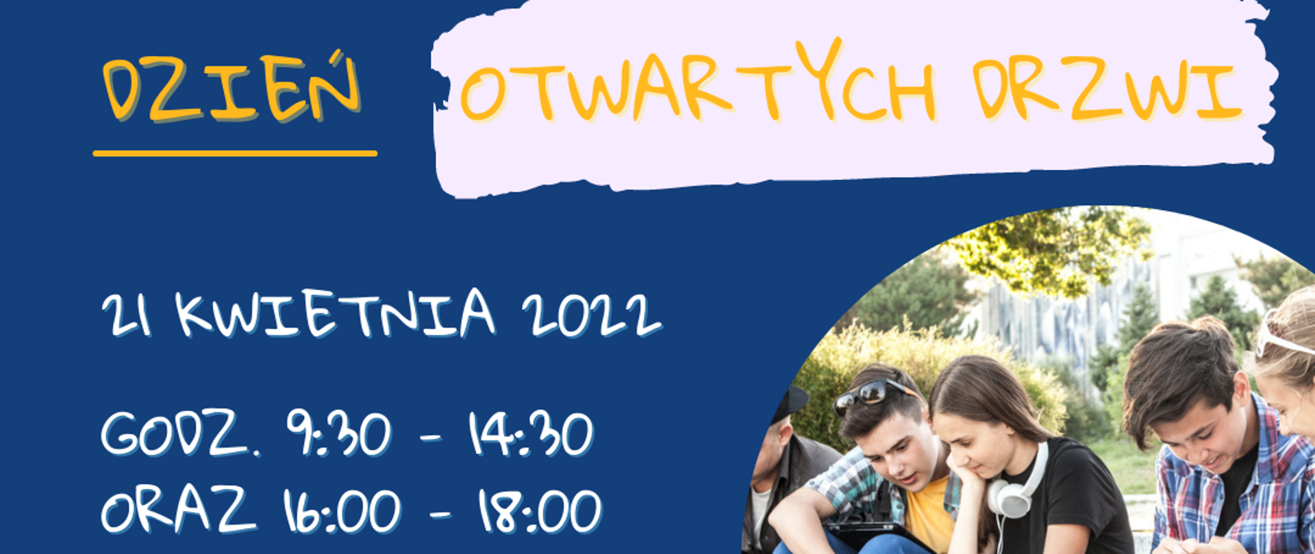 Plakat, na którym jest informacja, że 21 kwietnia 2022 roku w Zespole Szkół w Chocianowie jest Dzień Otwartych Drzwi