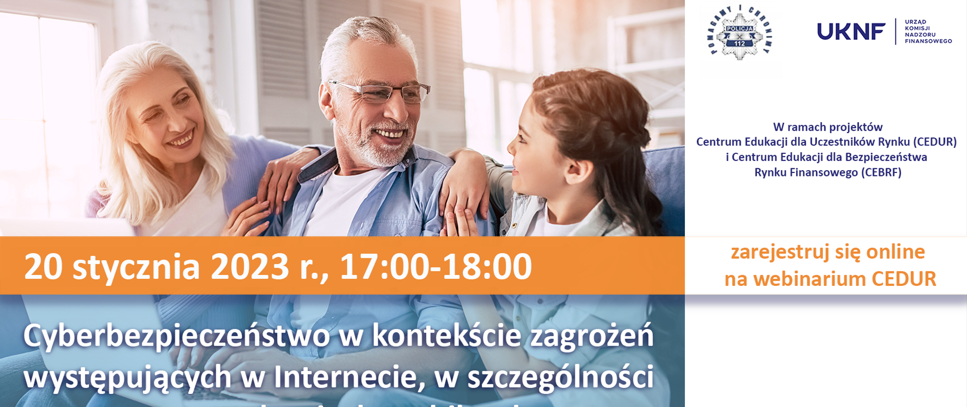 Plakat promujący wydarzenie - na tle grafiki przedstawiającej seniorów z dziewczynką umieszczono informacje o tytule wydarzenia i dacie a także logotypy Organizatorów