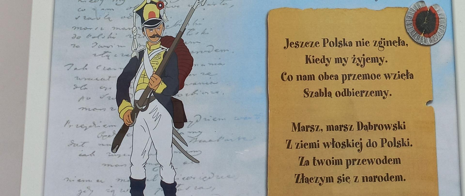 Biały orzeł w koronie na czerwonym tle. Pod spodem tekst hymnu Polski.