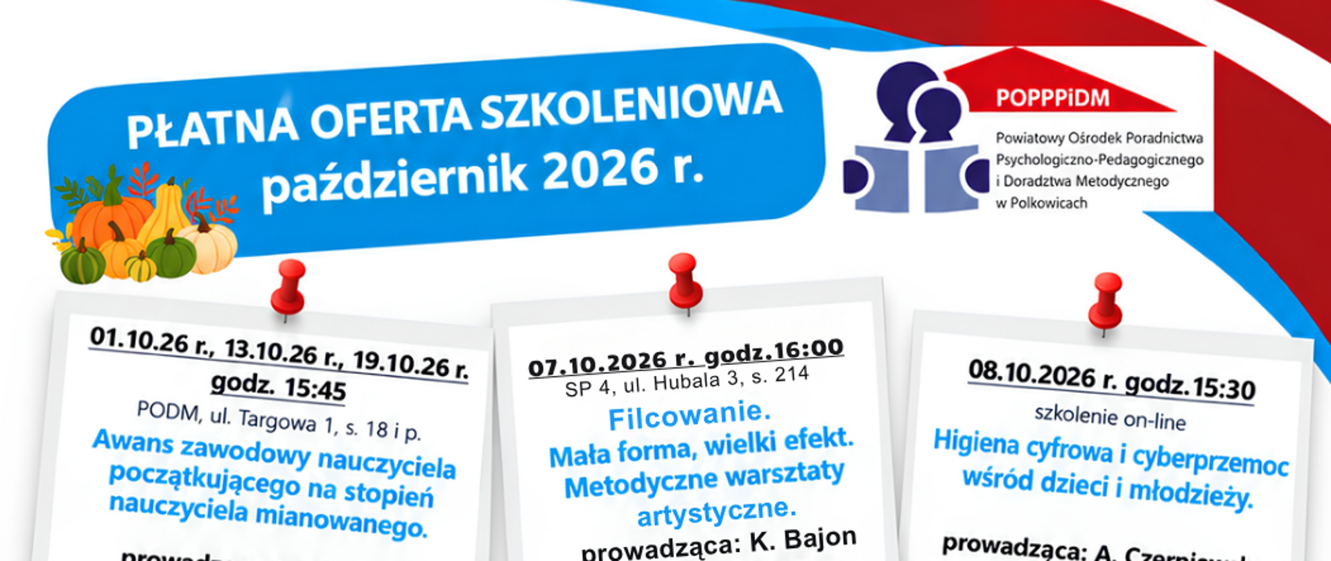 Karteczki na plakacie - oferta szkoleniowa płatna